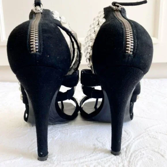 [SOLD] Giuseppe Zanotti x Balmain Black Suede Rhinestone Evening Sandals Heels - Picture 9 of 10